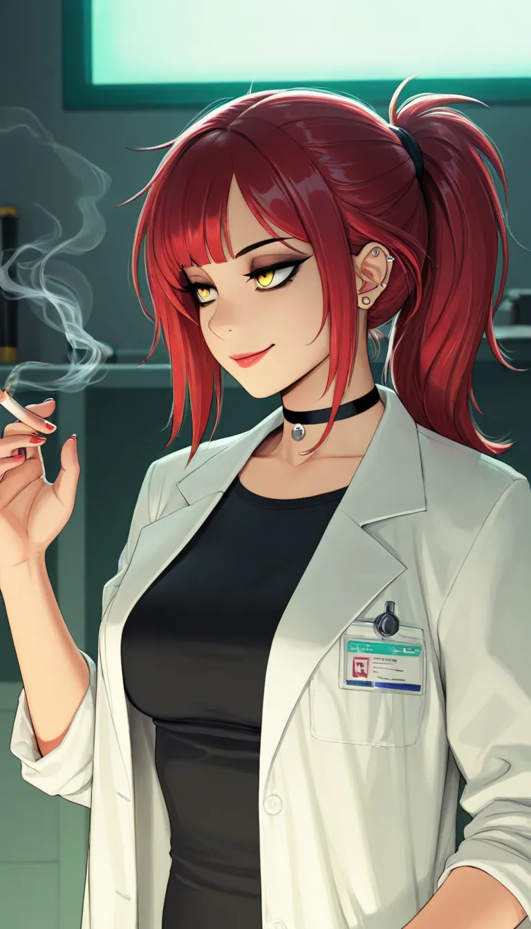 masterpiece, best quality, amazing quality, high resolution, extremely detailed, 1girl, best quality, high resolution, extremely detailed, dramatic lighting, red hair, ponytail, yellow eyes, lab coat, jitome, (red lips:0.6), medium breasts, smorking a ciga...