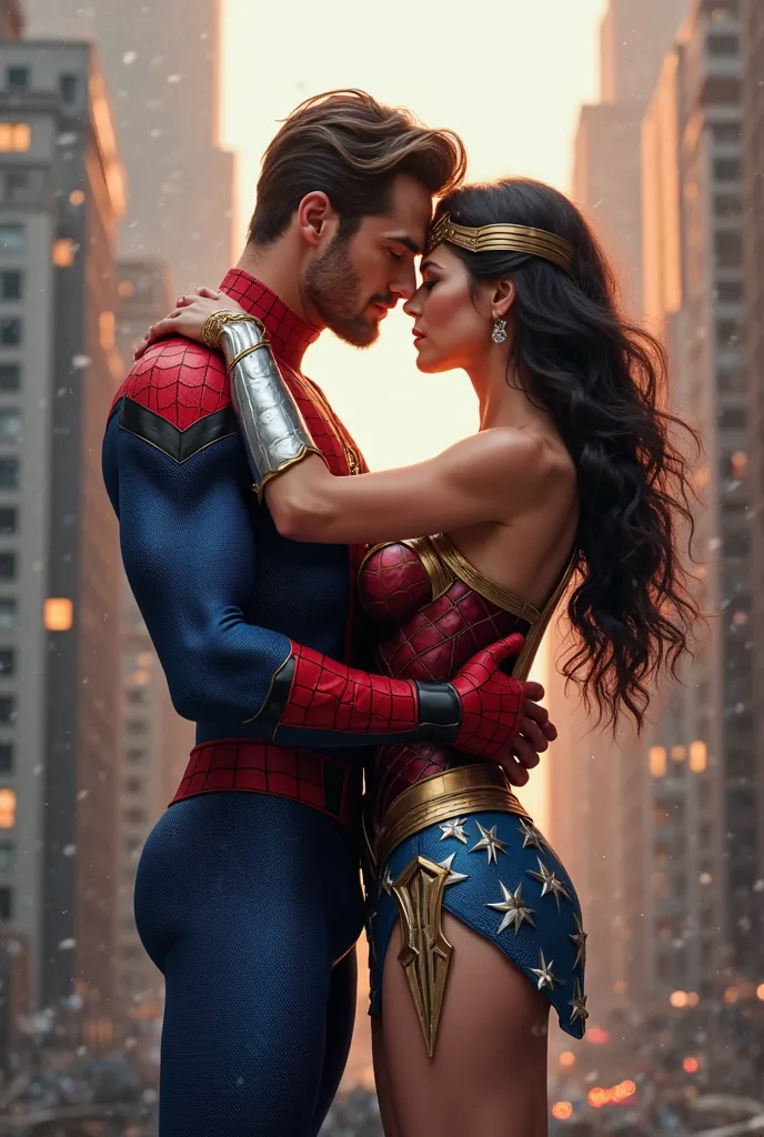 Spider-Man embracing Wonder Woman 