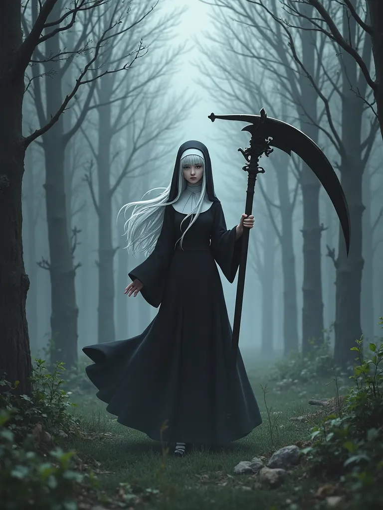 a white haired nun holding the scythe of death, a woman in a nun outfit holding a The scythe of death and a sword, nun outfit, girls frontline, white haired deity girl, anime wearing a black dress, Dressed as a cleric, girls frontline style, wearing dark r...