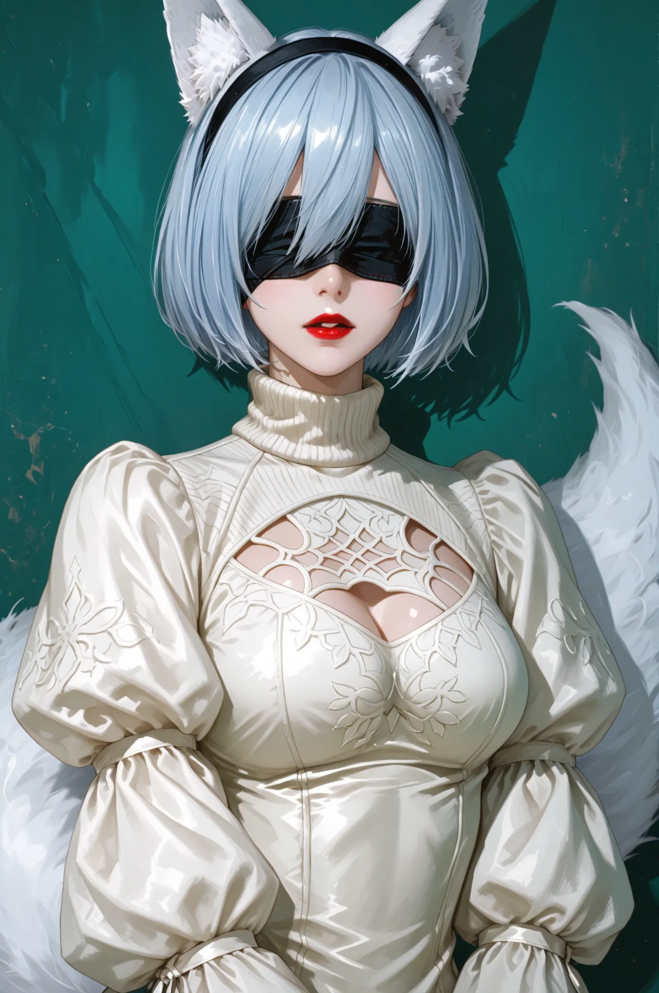 1 girl, Wow, ( blindfold), chest, chest元, chest元 cutout, A cut-out in a dress, green background,  o, headband, High Resolution, Juliet Sleeve, long sleeve,  Nia (series),  Nia automata,  Fluffy Sleeves  ,  red lips, Shadow Face, short hair, Alone, turtlene...