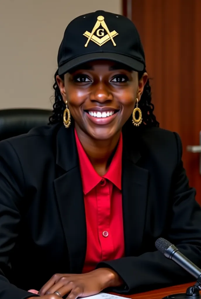 I need a picture of black beautiful women seating on office looking straight with nomal smile wearing black coat with red shirt wearing black cap with masonic logo compass Ruler and letter G on that cap also wearing shillings on her ears and nouse on her t...