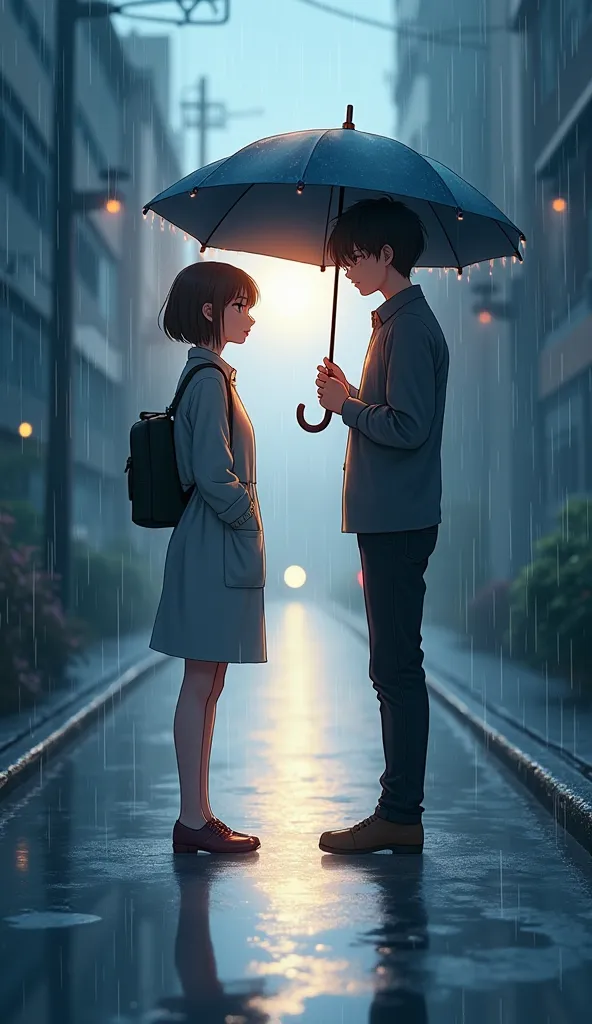 A poignant anime-style illustration of a 22-year-old woman and a young man standing apart on a rainy street. The woman holds only one umbrella in her hand, hinting at fate as she glances at the man who also appears without one. The scene is set in soft rai...