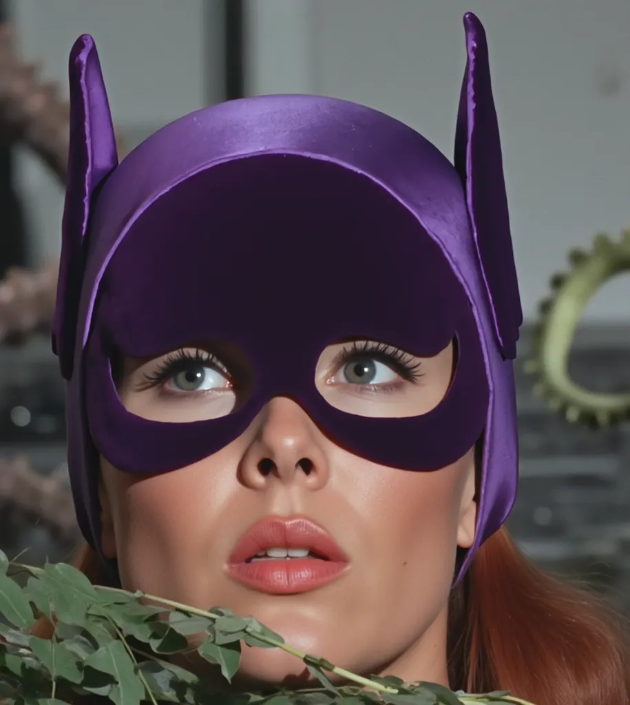 Masterpiece, Award Winning, High Quality, artgerm, solo, wearing retro Batgirl purple costume, big breast, retro red hair, looking at viewer, makeup, yellow Batgirl cape, purple Batgirl gloves, b4tg1rl woman, posing sexy, Yvonne Craig woman, sexy hungarian...