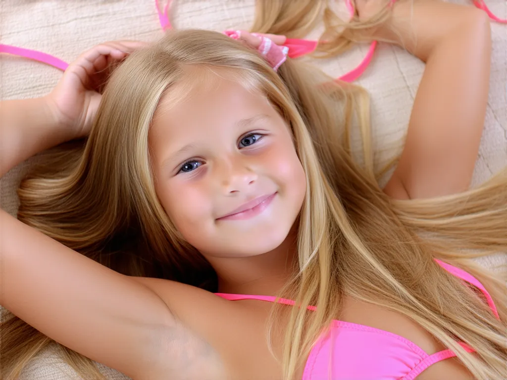 A young, cute beautiful young blonde girl, she has long hair and she is laying down, she is wearing a pink bikini and she is a pink Cecilia.