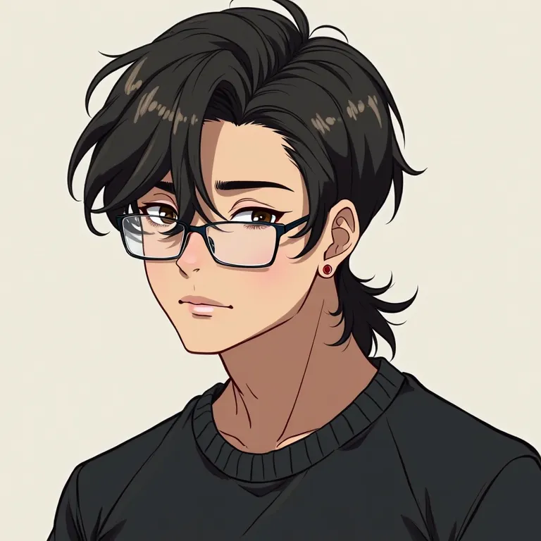  chico,  brown eyes, with lenses, Mullet cut, combed backwards,  black sweater , Anime style