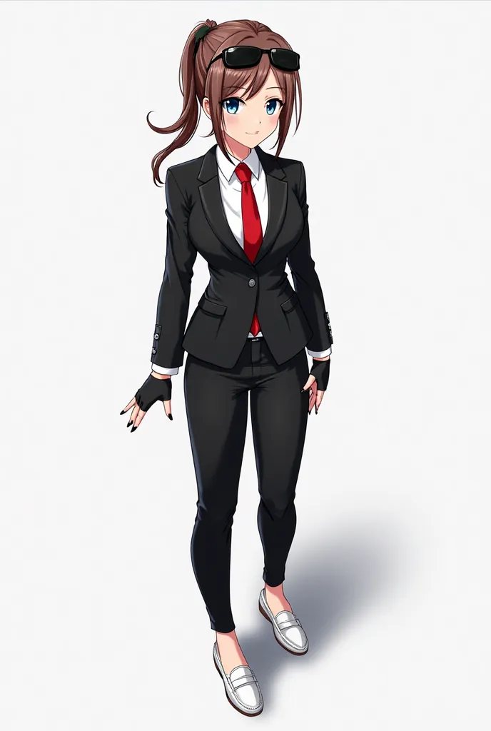 anime adult woman, brown hair in a ponytail and open wards bangs, blue eyes sunglasses on her head, black open tuxedo suit with red tie, white shirt, black pants, fingerless gloves, black pedicure and white loafers.