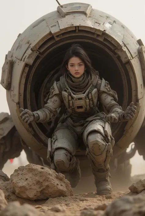  Realistic Near Future  、 realistic expression、  in the Dust  、 A beautiful Japanese woman from Allied Special Forces comes out of the cockpit of a destroyed robot、jpn mark  、 Damaged battle suit 、Futuristic headgear、、 Scattered rubble、    Accurate and Det...