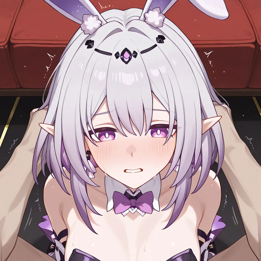 Caelus gray hair Honkai Star Rail and Castorice dressed as a white-haired bunny purple eyes embarrassed Honkai Star Rail while having sex scenes in a casino