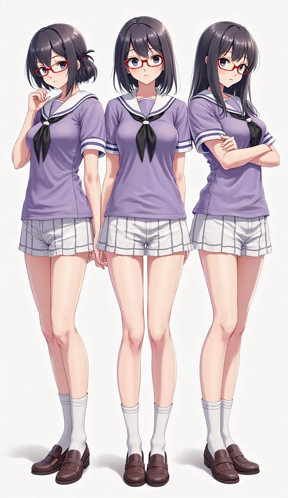 3 girls, Japanese Girl、big breasts,  girls with glasses 　purple short sleeve sailor suit　white hi-legged racing bloomer　white tri-fold socks　loafers　 full body image　High Resolution, masterpiece, 