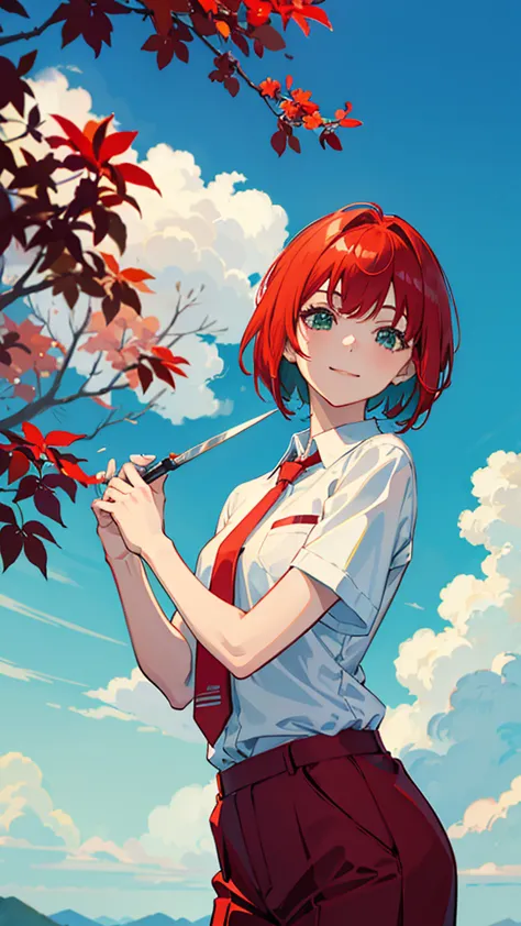 anime, blue sky、 everyday wear、red hair、greenが混じった髪、Beautiful boy with a very short bobbed hairstyle like a woman、smile、大きなgreenの瞳、(White+green)cutter shirt、red short tie、Don&#39;t show your breasts、(White+green)Mini Skirt、 park full of flowers 、butterfly々...