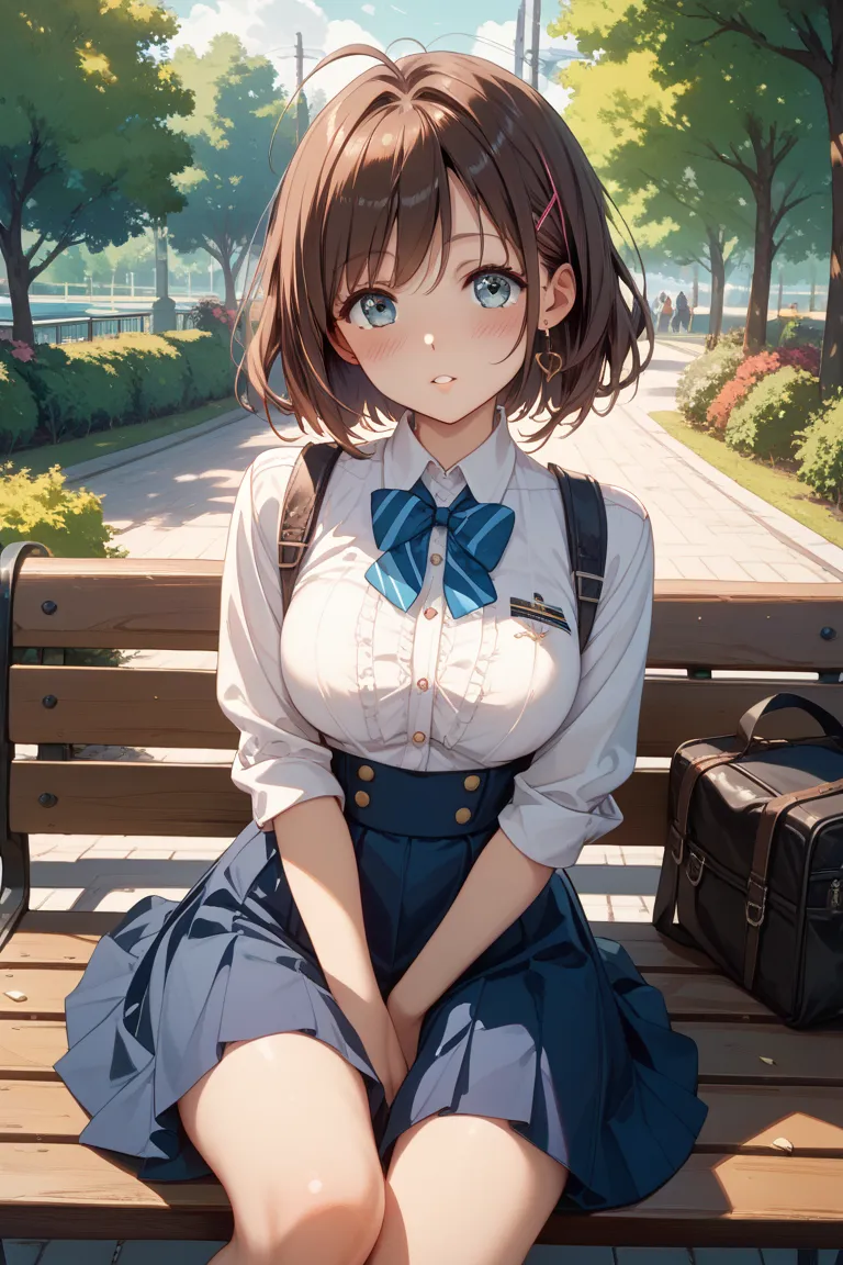 Kizuna Ai、dark brown hair color、uniform、blouse、Russian sexy、miniskirt、blush、park bench、Kamigami