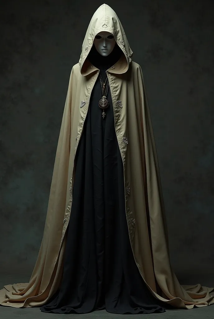 I create a somewhat long hooded cape with the colors (cream with black) What refers to the mystery with white masks for women that is closed at the front so that you don't notice the costume inside 