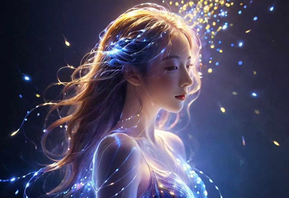 Lines of Light, light particles,Girl made of particles, finger line density is high,A girl made of light, long curly hair,standing up picture、cool expression、grace、Shining fireflies