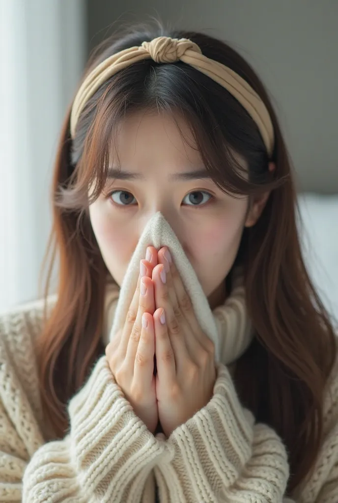 Actress (Korean adorable lady who has long hair and wear long neck sweater and stylish headband) struggles as a firm but careful hand covers her nose and mouth with a soft, scented handkerchief. Her eyes widen, filled with fear and confusion. Lighting is n...