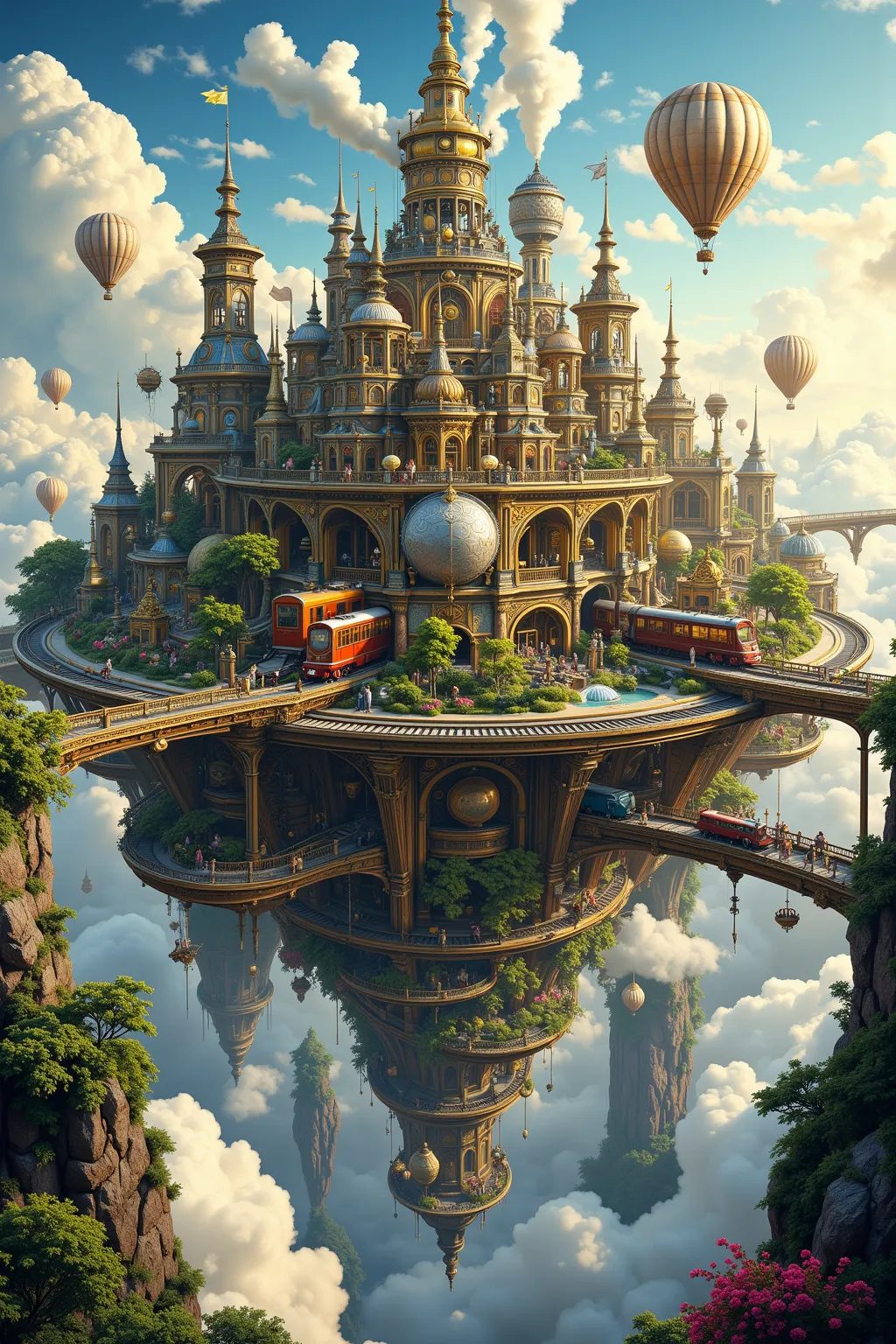 Imagine a grand steampunk floating city, suspended in the sky amidst soft, billowing clouds. This magnificent city is built on multiple levels, each interconnected by ornate brass and steel bridges, with intricate gears and moving parts that whisper tales ...