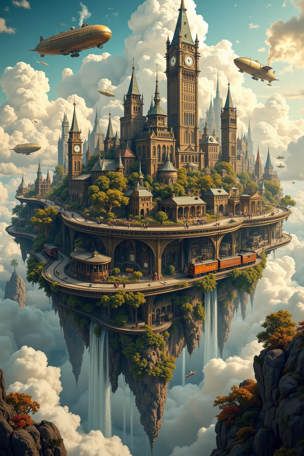 Envision an extraordinary city floating serenely high above the earth, nestled amidst an ocean of cloud banks. This steampunk sanctuary gleams with intricately designed edifices made of iron and polished bronze, reflecting both the warm light of the sun an...