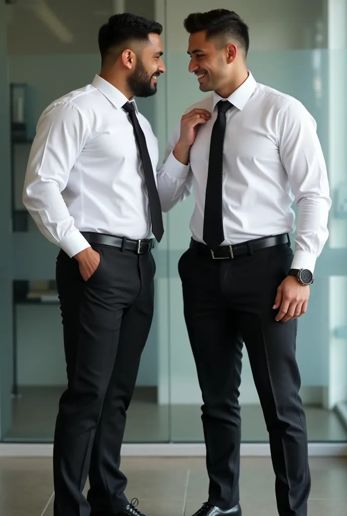 A 33-year-old Indonesian man, very handsome and dashing, wearing a white office shirt with a black tie, black office trousers, and shiny black dress shoes. His chest looks athletic. His chest is being touched by his friend, who is also handsome. at office.