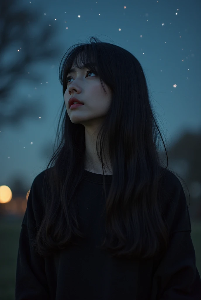 8K, masterpiece,  top quality, foreground, Women, Long dark hair,  Korean bangs, pale skin, dark eyes, Full lips black sweatshirt ,  night landscape ,  sad , Reflecting in profile longer night watching stars a tree nearby 