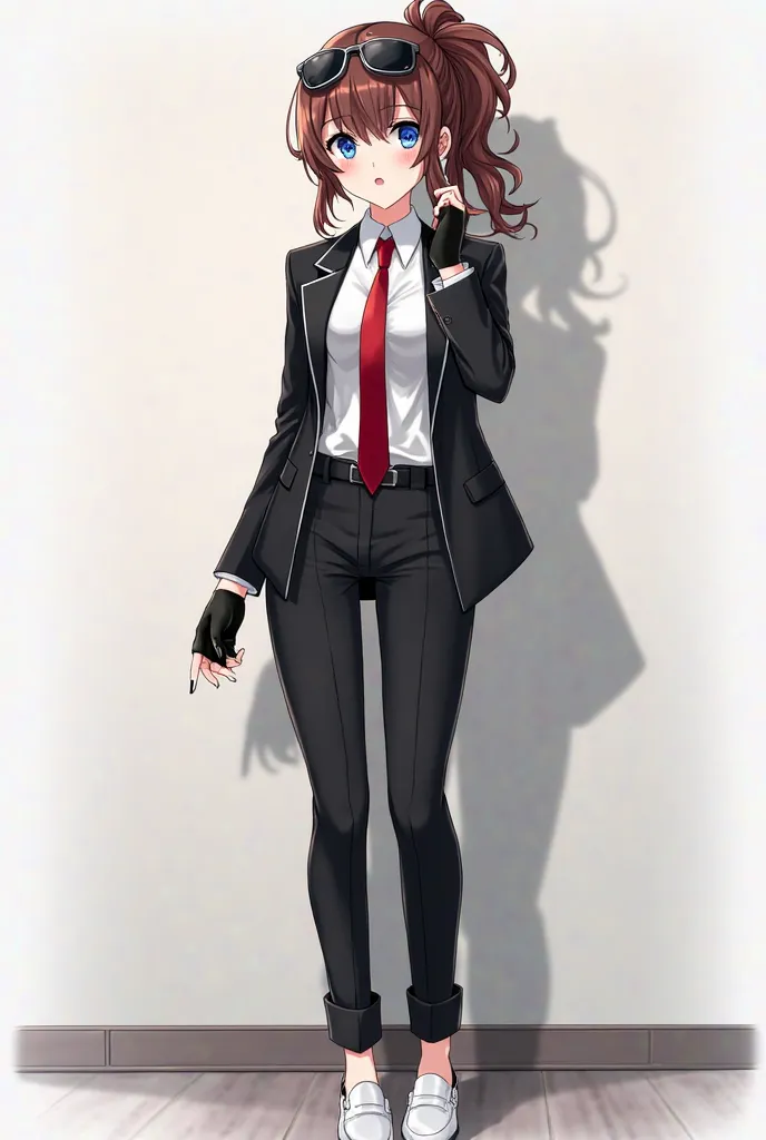 anime adult woman, brown hair in a ponytail and open wards bangs, blue eyes sunglasses on her head, black unbuttoned tuxedo suit with red tie, white shirt, black pants, fingerless gloves, black pedicure and white loafers.