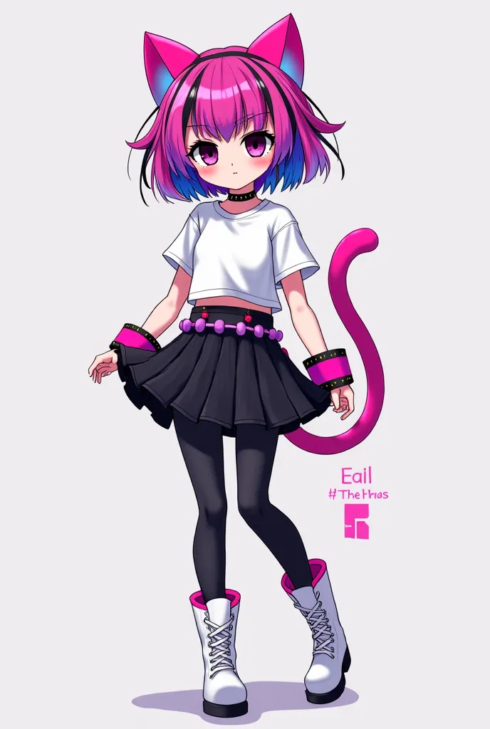 Female character waistband hair pink blue purple and black pants white boots black lenses and t-shirt by Kuromi black skirt and pink cat warmers and audifins