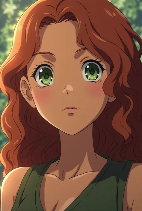 female character from Naruto Shippuden, brown caramel dark skin, long curly red brown hair, green eyes, screenshoot, screencap, anime