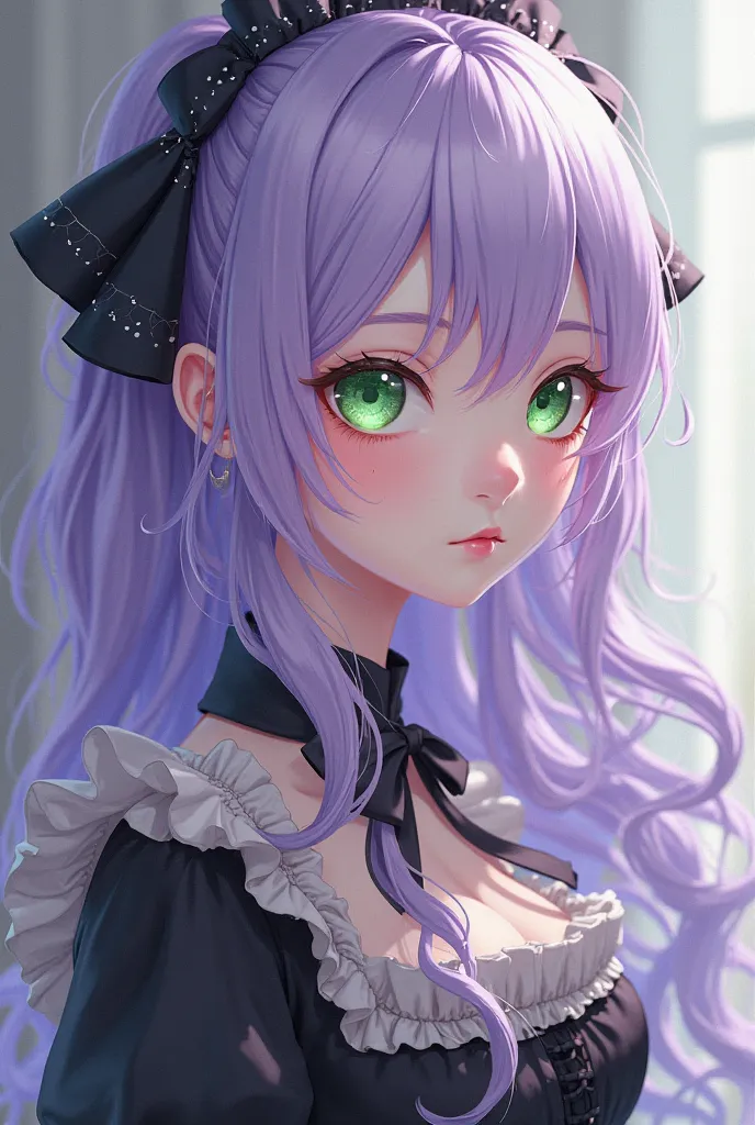 A woman, anime mix cartoon, with pale skin like snow, green eyes, long curly hair light violet hair, with maid clothes black