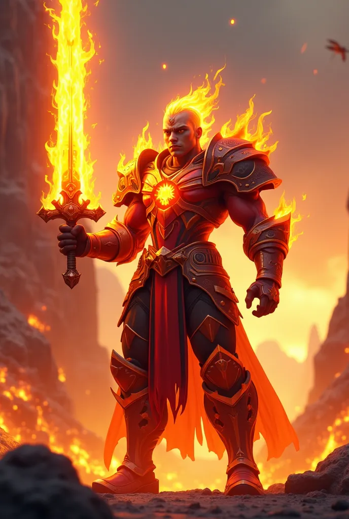  low poly stylized fire commander with his flaming sword in his hand and armor of magma flames make it a stylized character