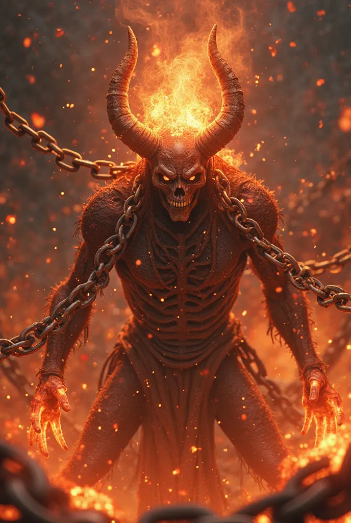 a devil breaking fire chains his skull is on fire