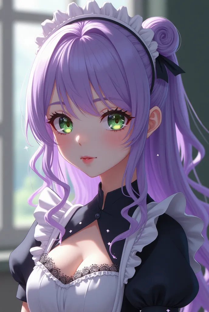 A woman, anime mix cartoon, with pale skin like snow, green eyes, long curly hair light violet hair, with maid clothes black