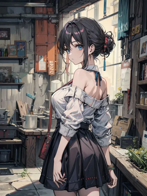 earring, big breasts, narrow waist, short hair, wavy hair, hair behind ear, half updo, black hair, looking at viewer, indoor, shirt, skirt, bare shoulder,