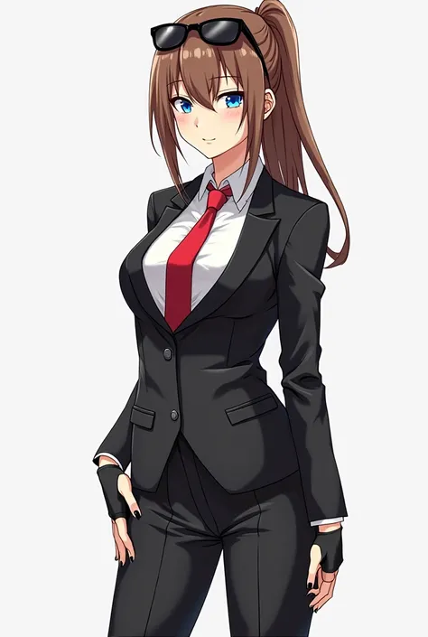 anime adult woman, brown hair in a ponytail and open wards bangs, blue eyes sunglasses on her head, black unbuttoned tuxedo suit with red tie, white shirt, black pants, fingerless gloves, black manicure and pedicure, bare feet