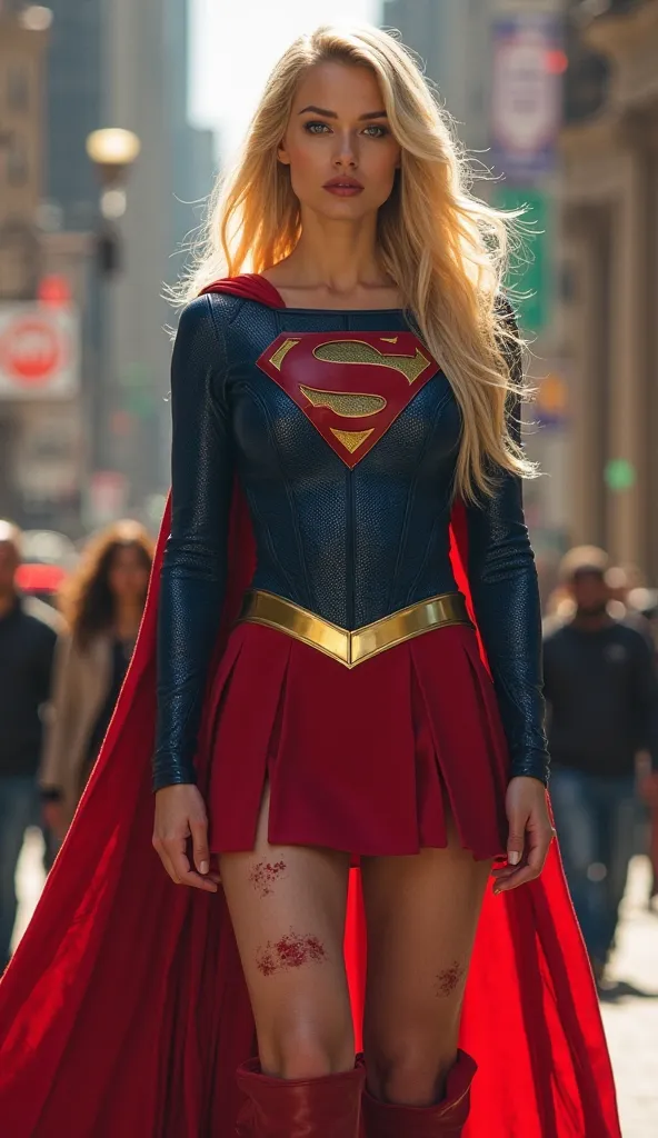 one girl、 Melissa Benoist - SMF 、blond with a big face、superhero、long hair、beautiful lips、exterior armor 、bodysuit、red skirt、 knee-high boots、Red Footwear、high quality、High Resolution、masterpiece、sharp concentration、as in the image、RAW photo、Cinematic Ligh...