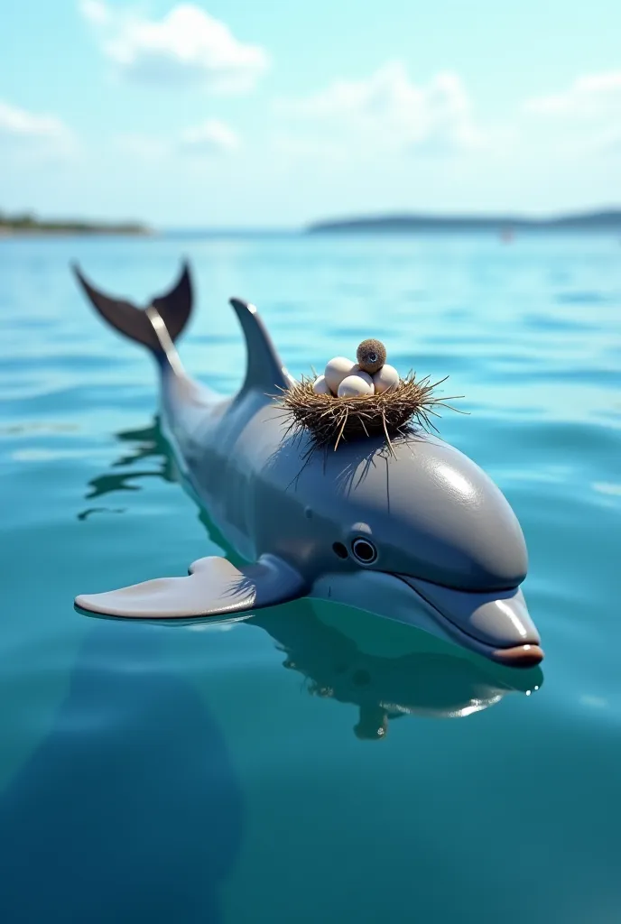 "A highly realistic scene of a dolphin floating on the water's surface, with a small bird nesting on its back. The bird has built a nest on the dolphin’s smooth skin and is incubating its eggs while the dolphin calmly swims. The details of the dolphin’s we...