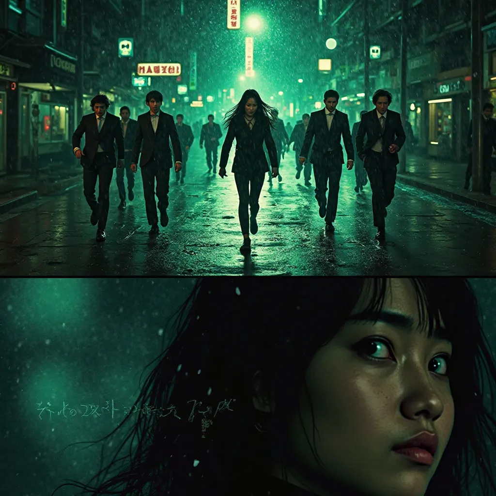 "A sci-fi movie poster featuring a large close-up of a Japanese woman's face at the bottom. She has long hair and wears a futuristic, tight-fitting suit. Above her, a floating action scene shows her running down a neon-lit city street at night, pursued by ...