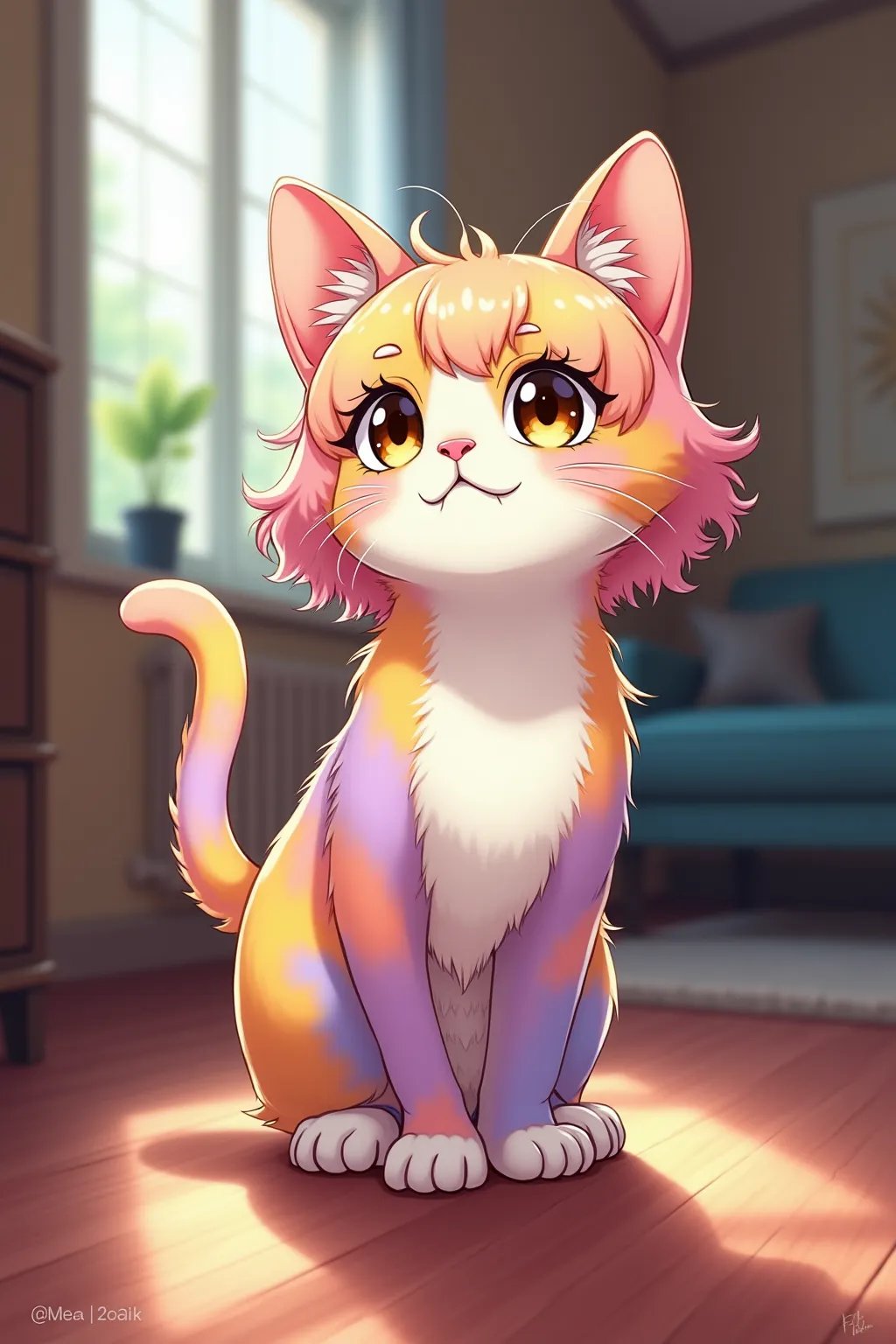 BREAK 24k quality, absurdres, masterpiece, (japanese anime style:1.5), (vivid color:1.7), (colorful:1.7)

BREAK a cat, cute, kawaii, standing at the living room, standing, perfectly detailed background, best aesthetic
