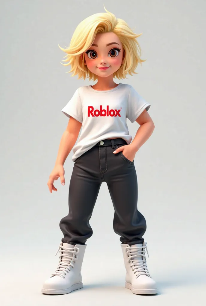 Female character blonde hair short hat t-shirt with Roblox logo and black pants and white boots