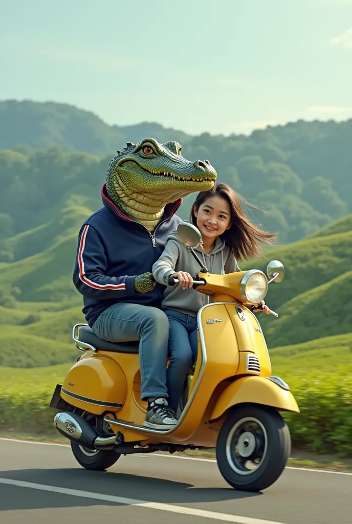 "A highly realistic HD image of an anthropomorphic crocodile riding a yellow automatic scooter through a beautiful green tea plantation, captured from a side view. The crocodile wears a navy blue track jacket with white and red stripes on the collar, gripp...