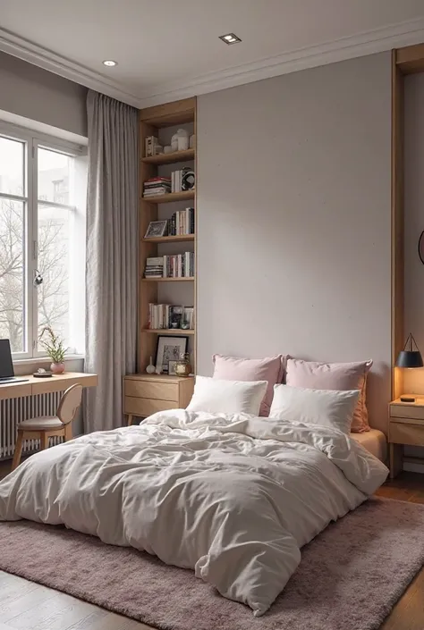 A room with the colors ash gray and lavender pink. With a window and a bed, it also adds a shelf with books., a chair and table for the computer.