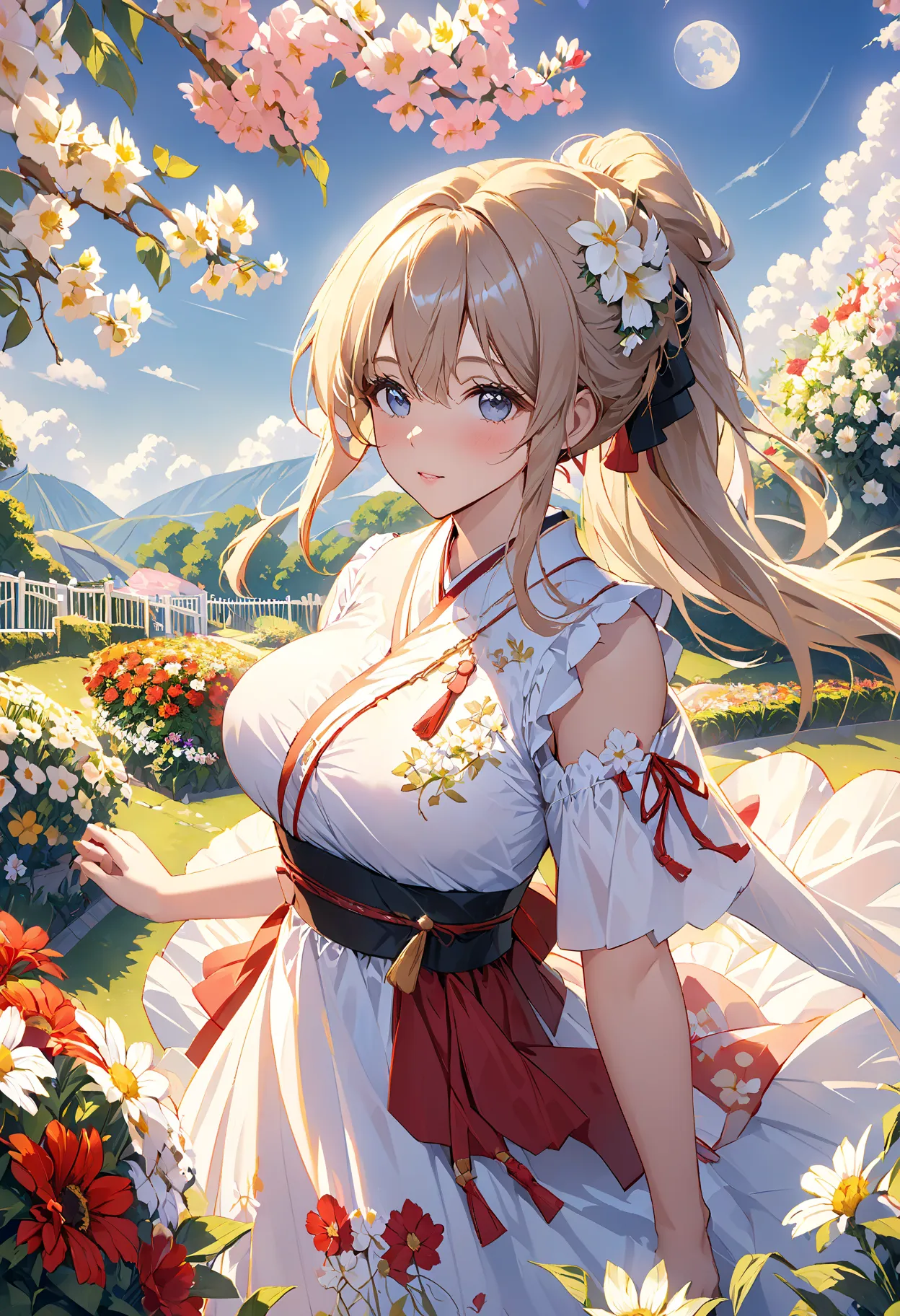 best quality, expensive_resolution,  clear_ images, detailed background ,a girl,big breasts, flower garden,moon