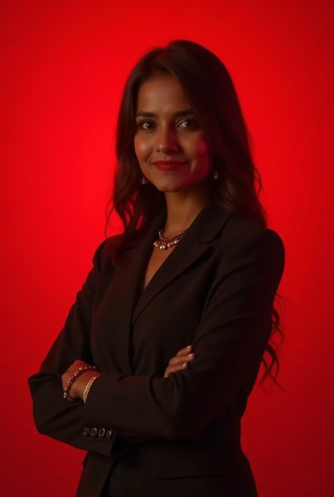  Pakistani girl wearing formal posing for LinkedIn red light in background 