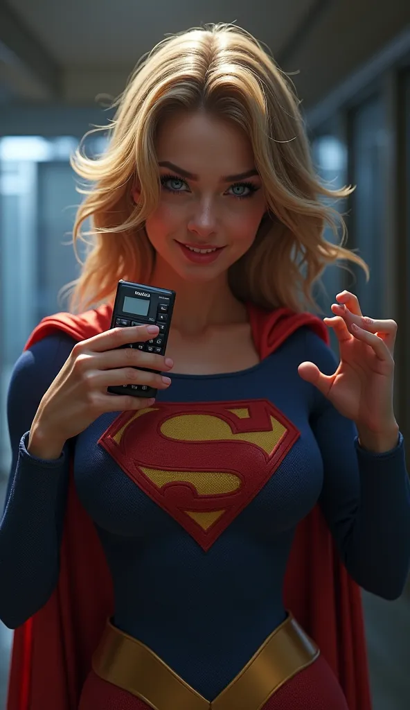 Supergirl has an evil and mischievous look, holding a Nokia 3310 cell phone in her hand. Her smile belongs to someone who is about to prepare something, with a malicious twinkle in her eyes, conveying the feeling that she has a plan in mind.  The surroundi...