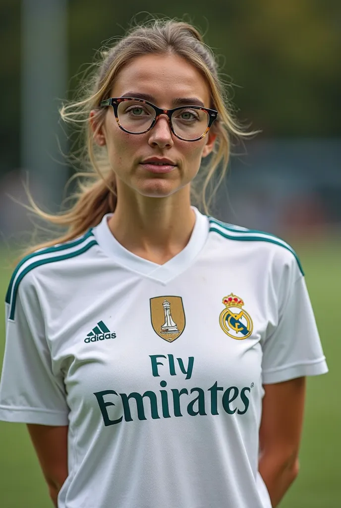 A very slim and beautiful football player wearing medical glasses, a small nose, a Real Madrid costume, a medium chest, a small waist and freckles on the face. She is of medium height and 30 years of age 