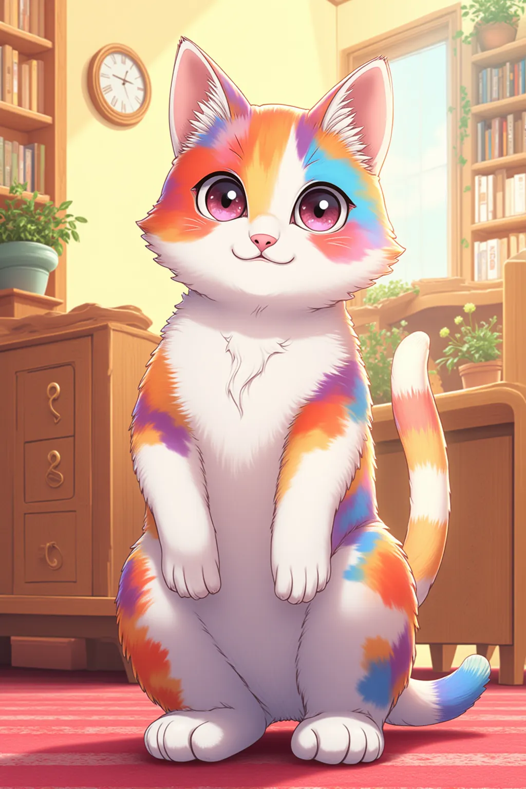 BREAK 24k quality, absurdres, masterpiece, (japanese anime style:1.5), (vivid color:1.7), (colorful:1.7)

BREAK a cat, cute, kawaii, standing at the living room, standing, perfectly detailed background, best aesthetic
