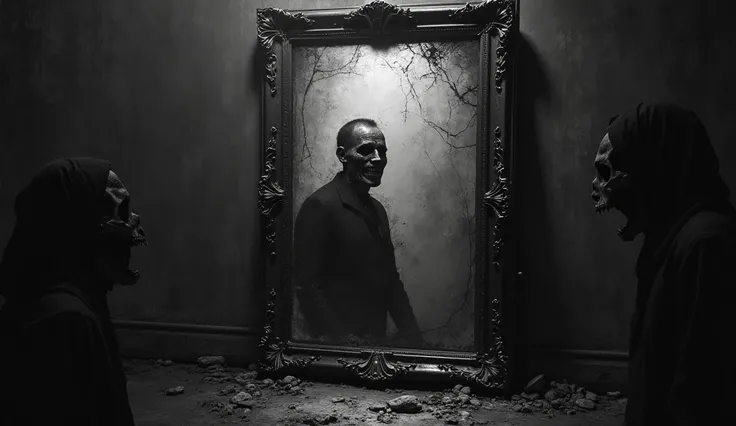 Create a terrifying image in black and white tones, set in a dark and decadent room.  in the center, an old, cracked mirror reflects the distorted silhouette of a man, whose face crumbles into shadows and bones,  with a macabre smile and empty eyes . aroun...