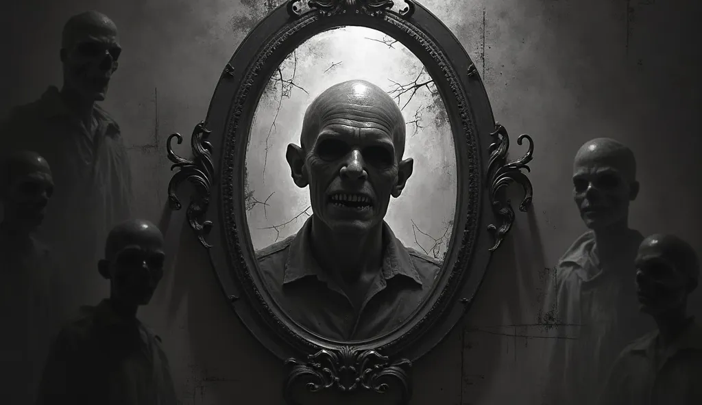 Create a terrifying image in black and white tones, set in a dark and decadent room.  in the center, an old, cracked mirror reflects the distorted silhouette of a man, whose face crumbles into shadows and bones,  with a macabre smile and empty eyes . aroun...