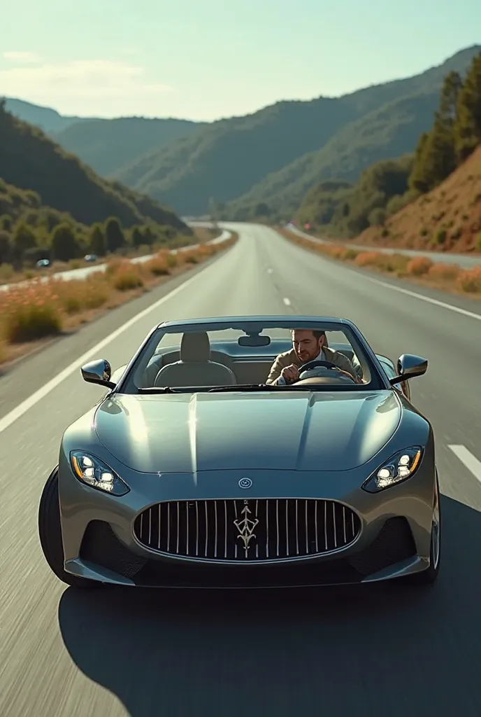 A man in a luxury car moving at low speed on the highway 