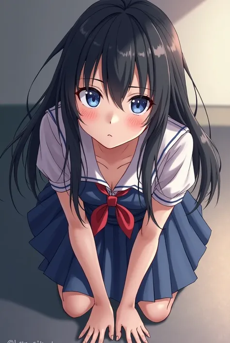 anime girl with black hair and blue eyes looking at the camera, ruan cute vtuber, yandere, the anime girl is crouching, from girls frontline, bbwchan, gapmoe yandere, dang my linh, anime best girl, in an anime, trending on bbwchan, hanayamata, anime waifu,...