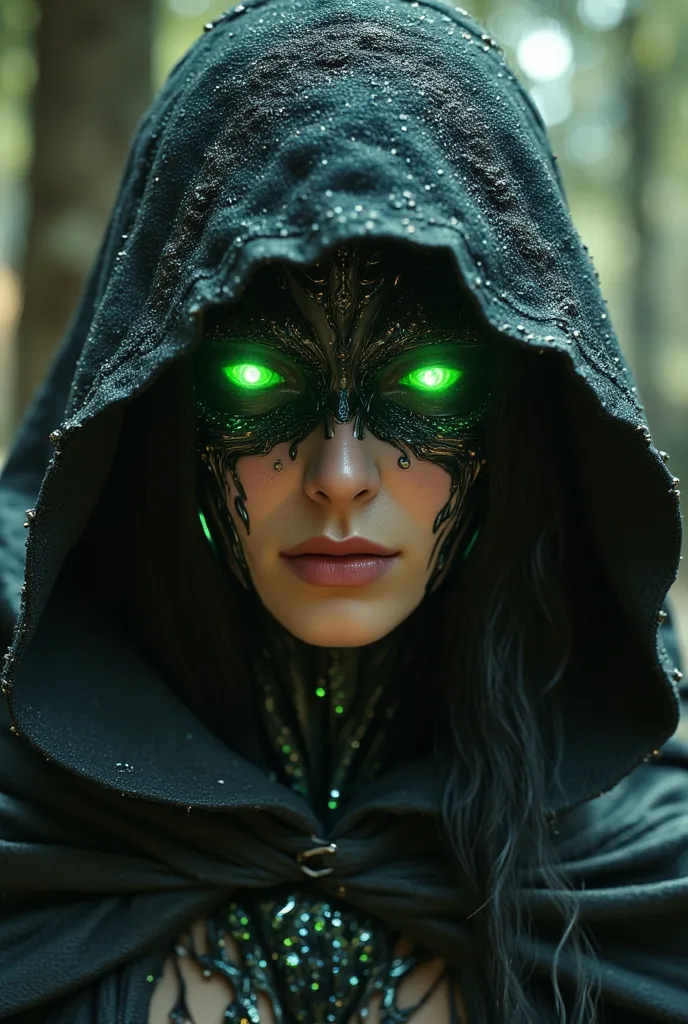 a male guy in a hoodedie with glowing green eyes,  cyberpunk , male necromancer, benevolent android necromancer, cyborg necromancer, 8 k highly detailed ❤🔥 🔥 💀 🤖 🚀, fantasy , benevolent cyborg necromancer, portrait of a cyber , lich vecna (d&d)
