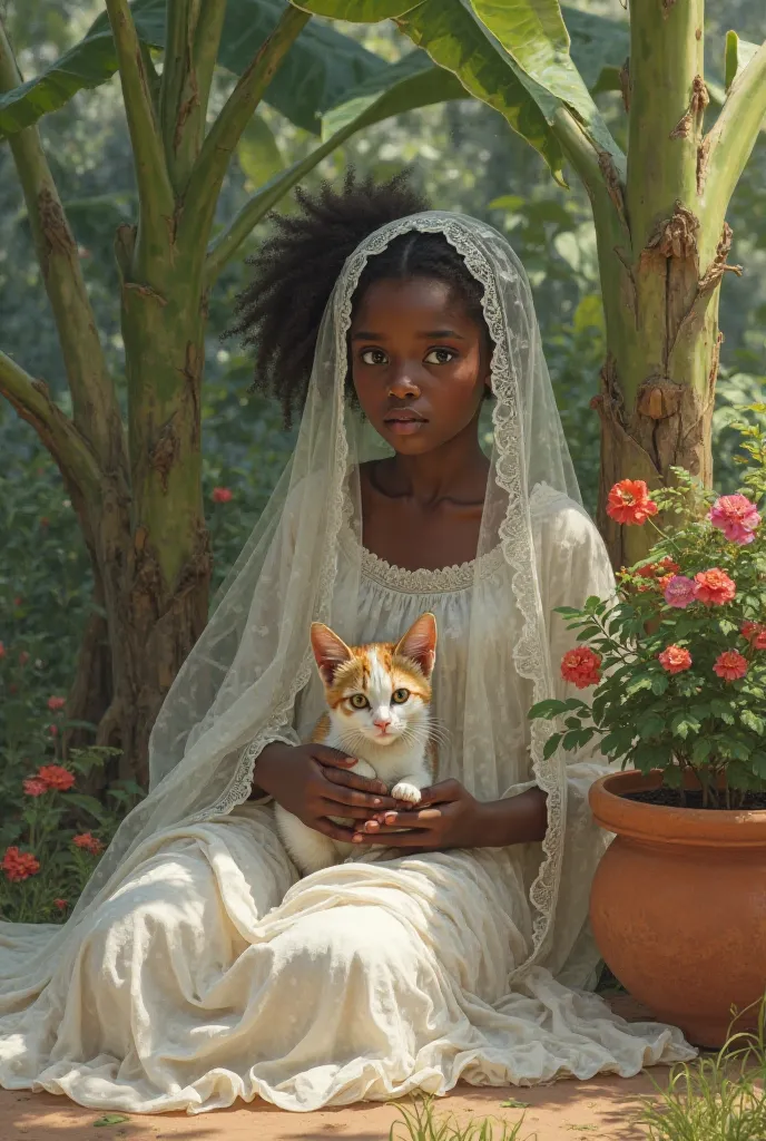 Create for me the image of a veiled African girl lying next to a banana tree with a cat in her hand. And a flower pot next to her 