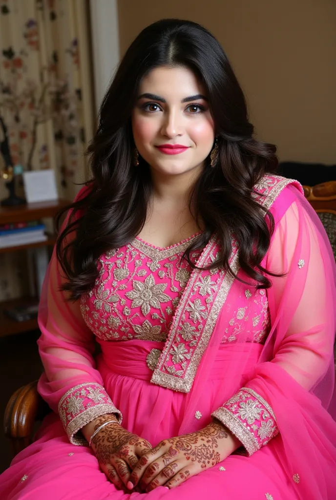 


 ((32K, top-quality:1.5, masterpiece, A high resolution, Photorealsitic)), A beautiful chubby young Pakistan's, 35 years old , bindi and light lips woman wearing pink bridal lehenga, henna (mehndi) in both hands
Sitting on a chair at home,black thick Ha...